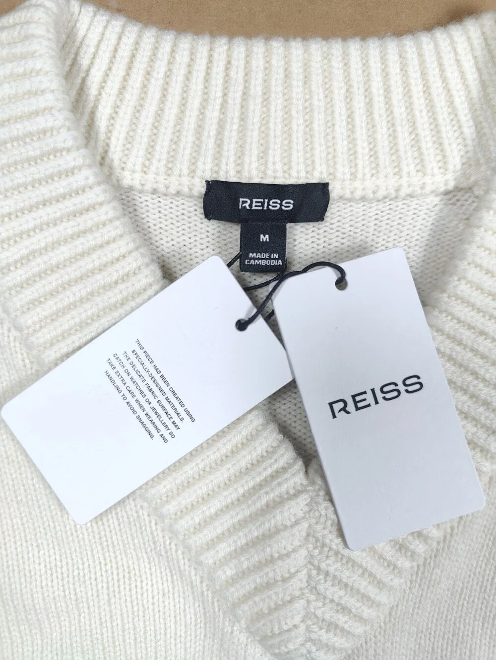 NWT Reiss Hawthorne Ivory Wool Rib Detail Heavyweight Sweater Sz M Retail 230$